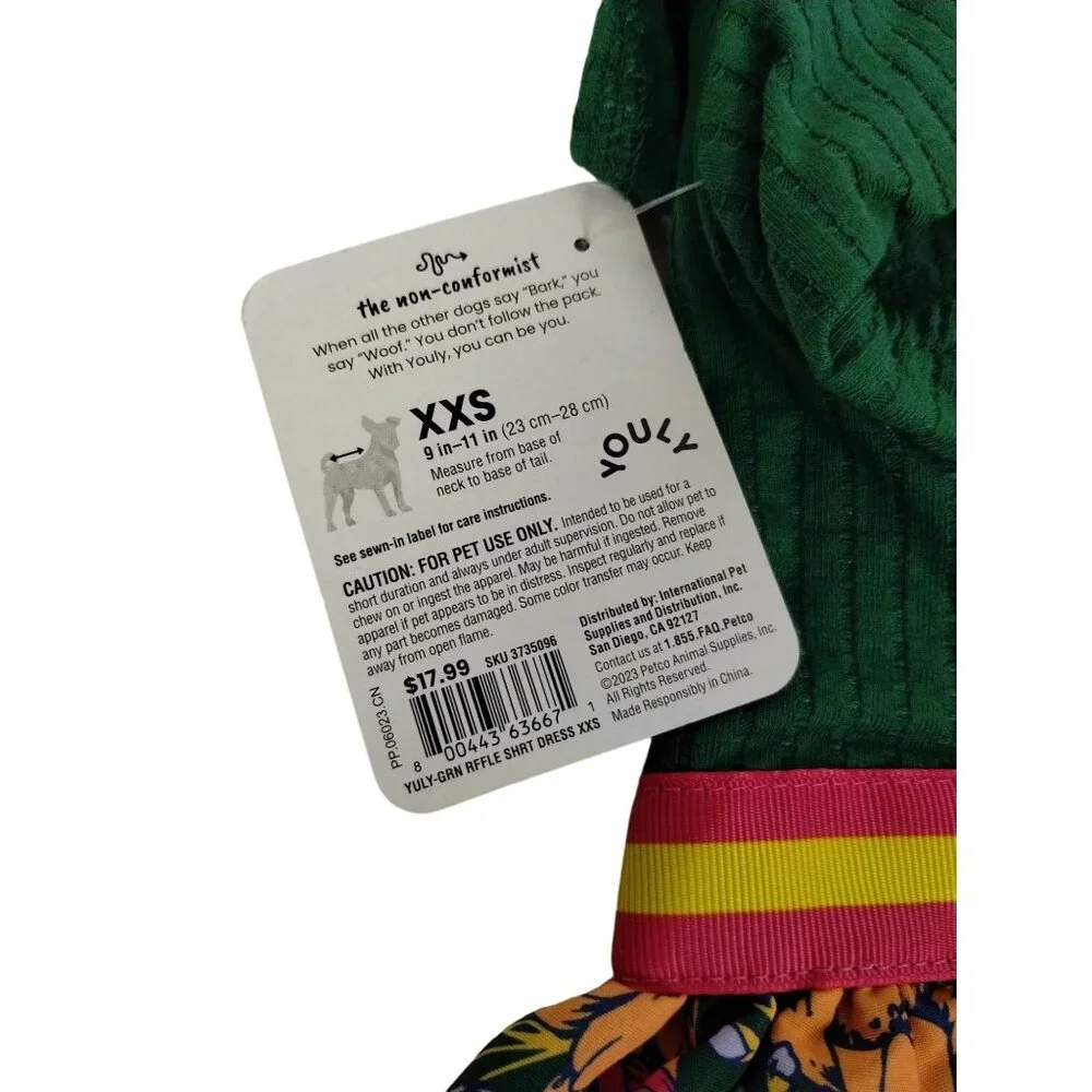 Youly Dog XXS 9 in Green Ruffle Shirt Floral Pet Dress